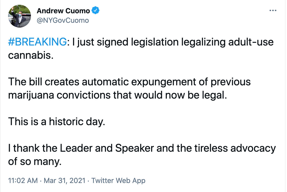 Governor Andrew Cuomo's Tweet Announcing The Law